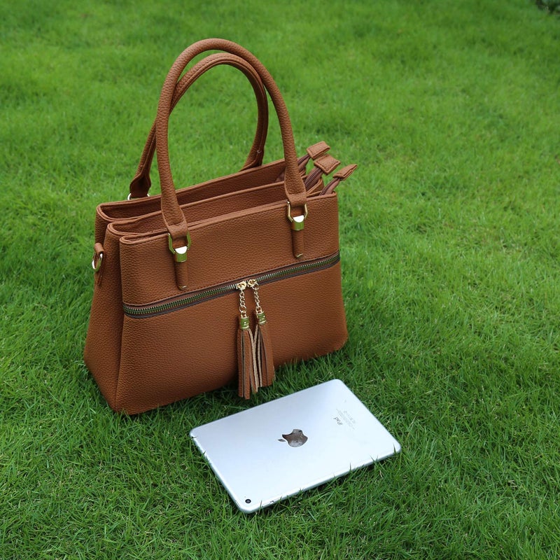 KKXIU 3 Zippered Compartments Purses and Handbags for Women Vegan Leather Ladies Multi Pocket Satchel Bags (D-brown) - Image 3